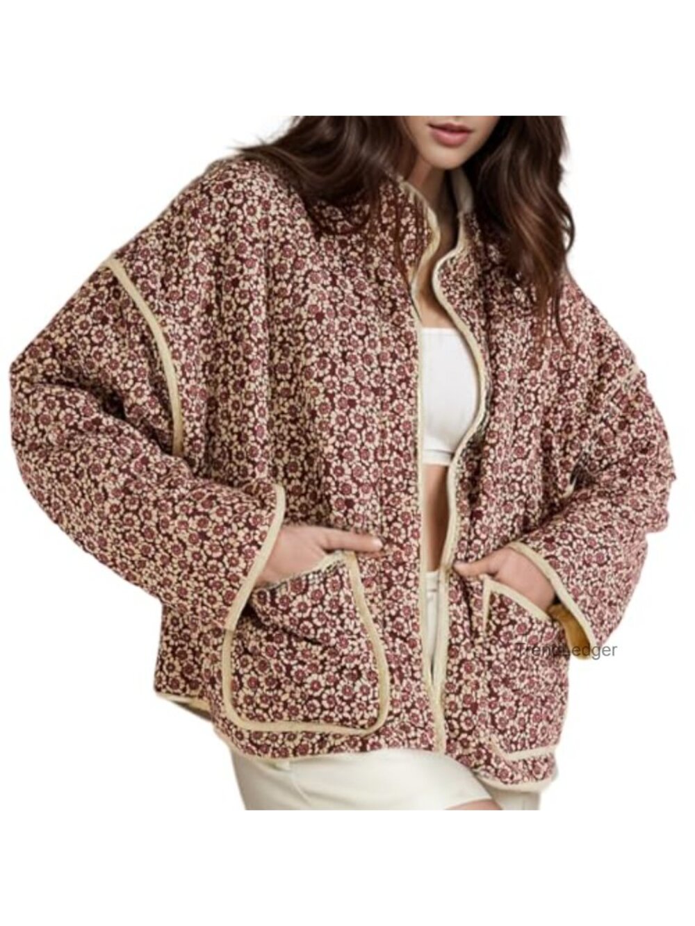 Cropped Puffer Quilted Jacket Floral Print Open Front Lightweight Women